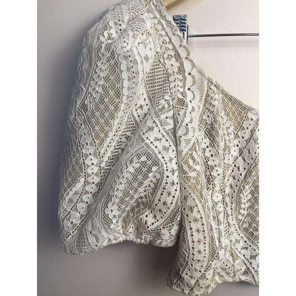 Saylor Jenni Top Blouse Cropped White Beige Lace Zip Puff‎ Sleeve M Retail $253 - Picture 5 of 11